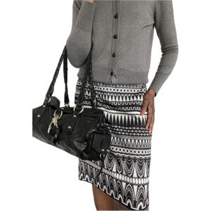 ECI NEW YORK•SIZE L•BLACK, WHITE & GRAY•A-LINE MIDI SKIRT WITH A BACK SLIT